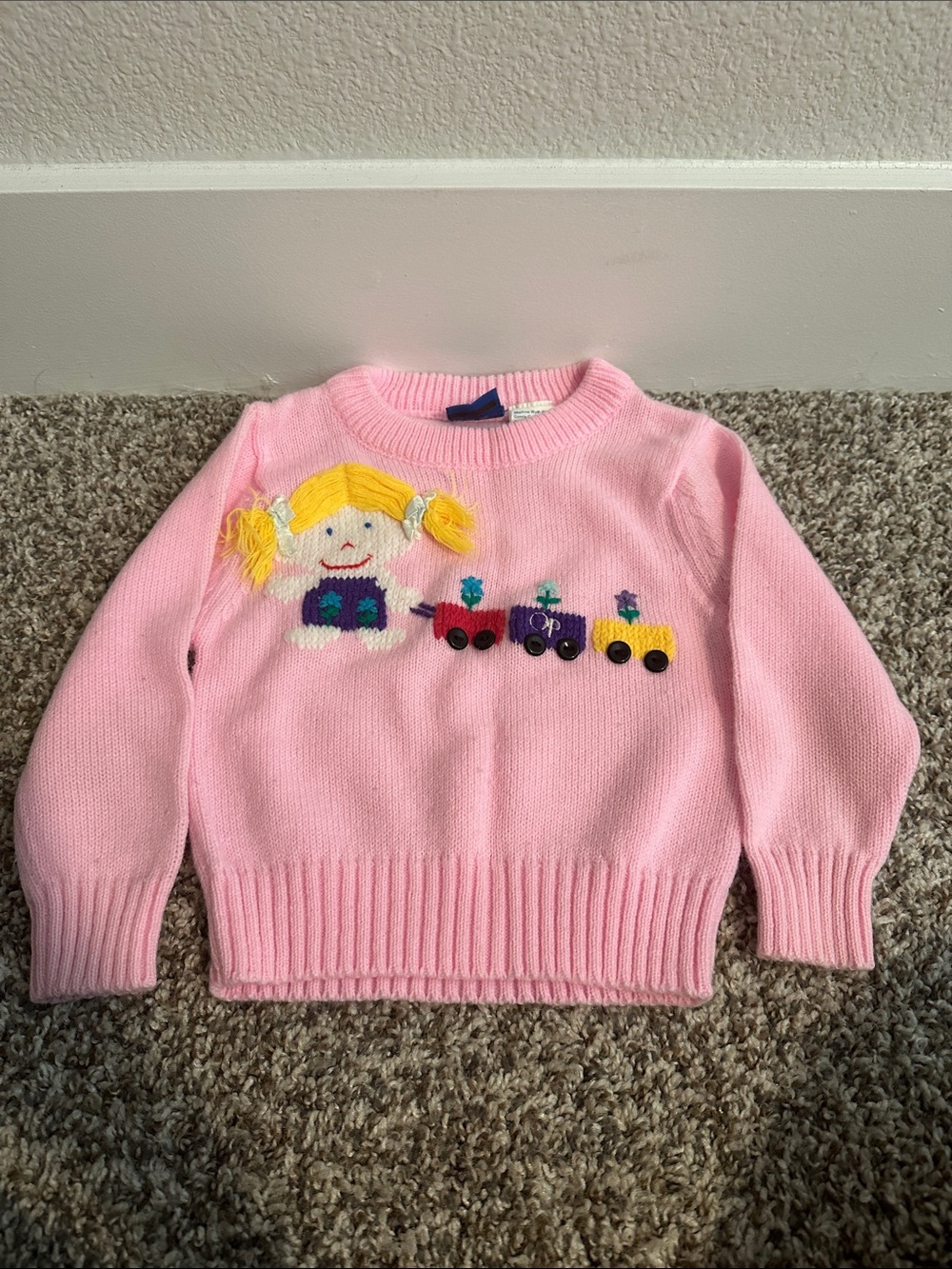 OP Pink Knit Sweater with Doll and Colorful Train Appliqué